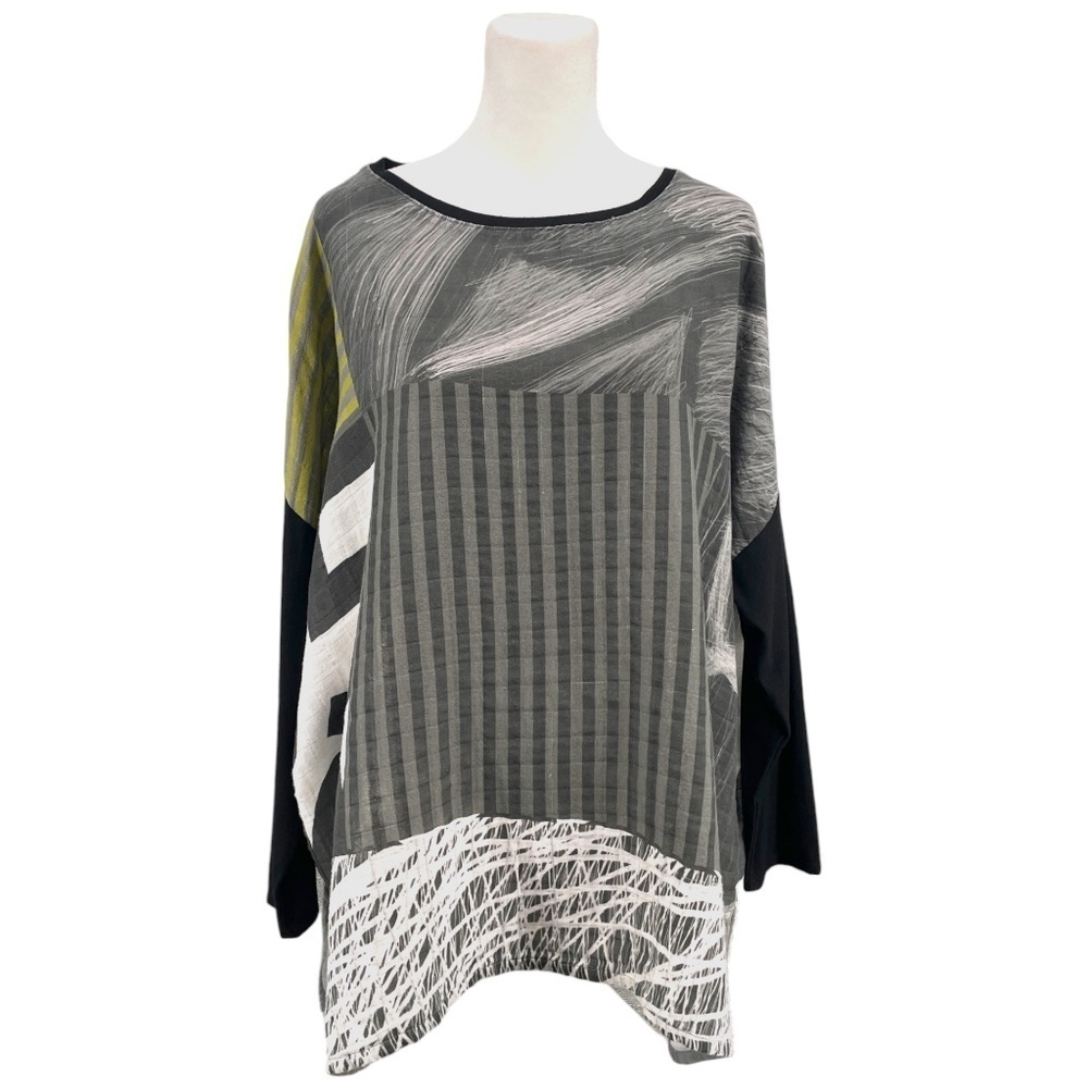 Andrea Geer Wearable Art Sgraffito No 5 Boxy Tee, Lagenlook Grey/Green, Size S/M